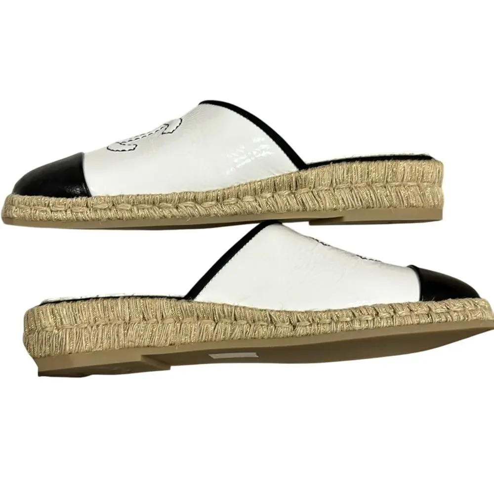 CHANEL Black Cap Toe Interlocking CC Logo White Espadrille Mules 37 BNIB
